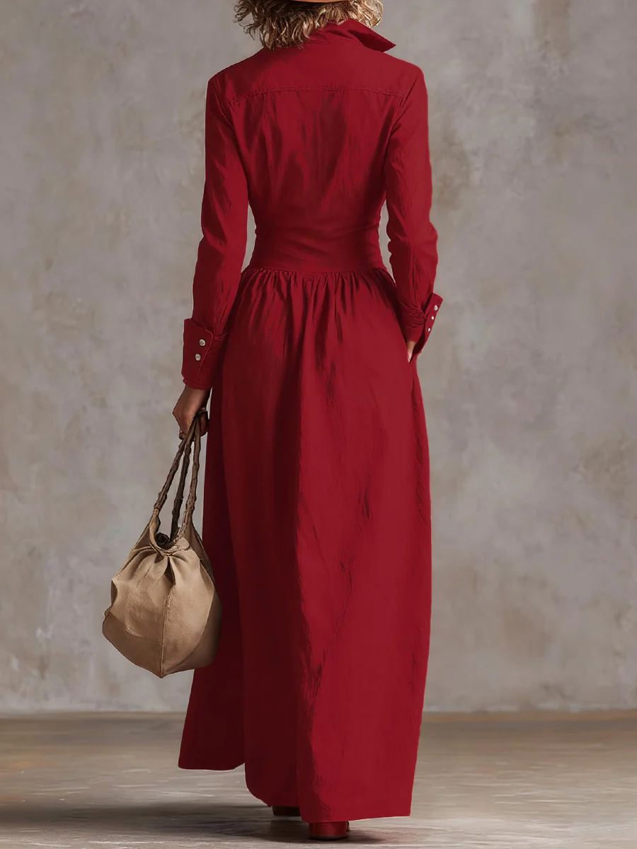 High Waisted Long Sleeves Buttoned Pleated Pockets Solid Color Split-Joint Lapel Maxi Dresses - Image 4