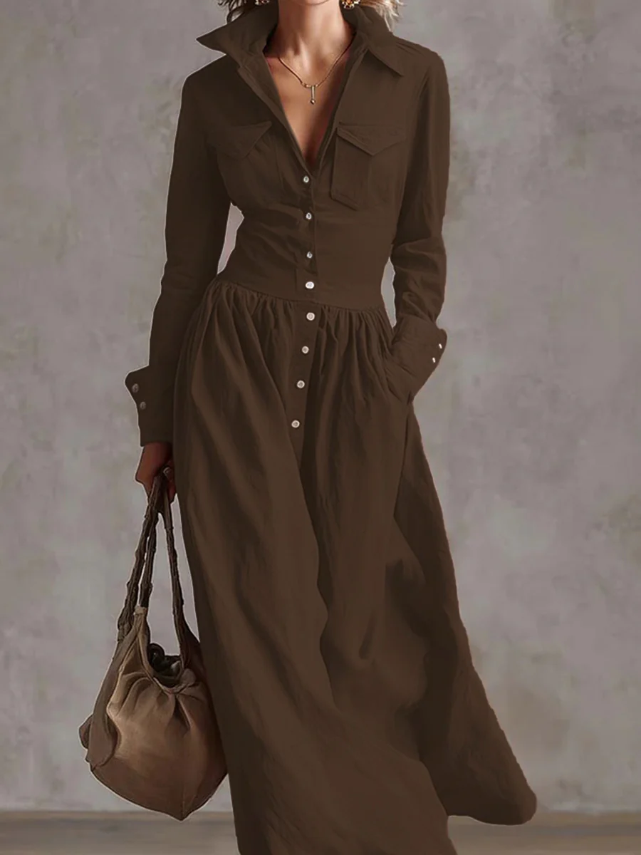 High Waisted Long Sleeves Buttoned Pleated Pockets Solid Color Split-Joint Lapel Maxi Dresses - Image 5