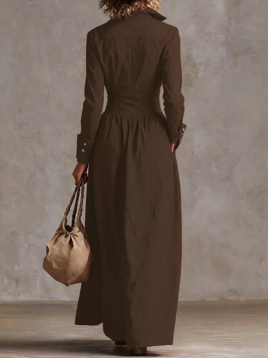 High Waisted Long Sleeves Buttoned Pleated Pockets Solid Color Split-Joint Lapel Maxi Dresses - Image 6