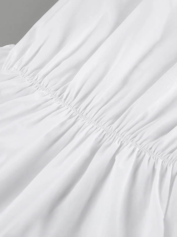 High Waisted Long Sleeves Buttoned Pleated Solid Color Lapel Mini Dresses Shirt Dress - Image 12