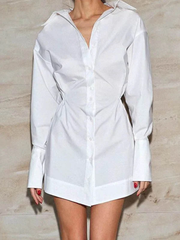 High Waisted Long Sleeves Buttoned Pleated Solid Color Lapel Mini Dresses Shirt Dress - Image 2