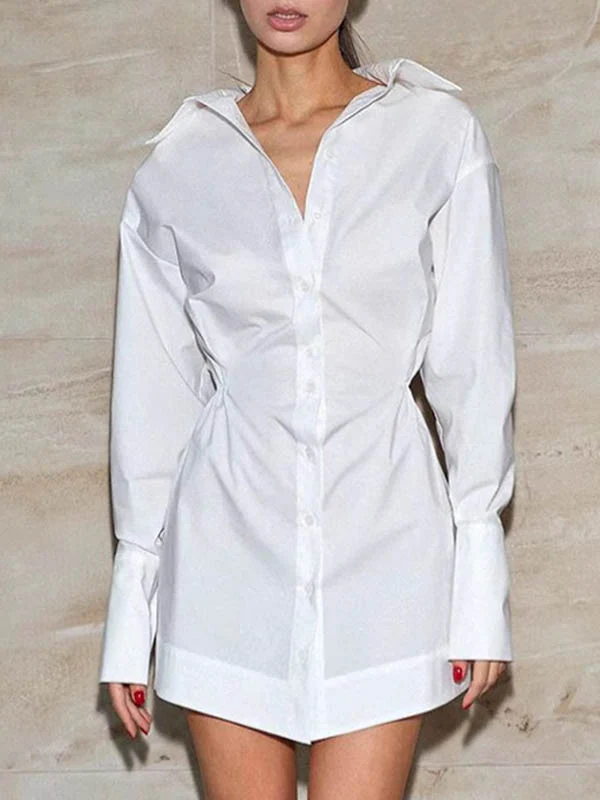 High Waisted Long Sleeves Buttoned Pleated Solid Color Lapel Mini Dresses Shirt Dress - Image 3