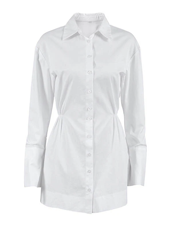 High Waisted Long Sleeves Buttoned Pleated Solid Color Lapel Mini Dresses Shirt Dress - Image 7