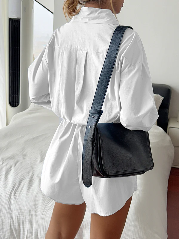High Waisted Long Sleeves Buttoned Pleated Solid Color Split-Joint Lapel Rompers - Image 10