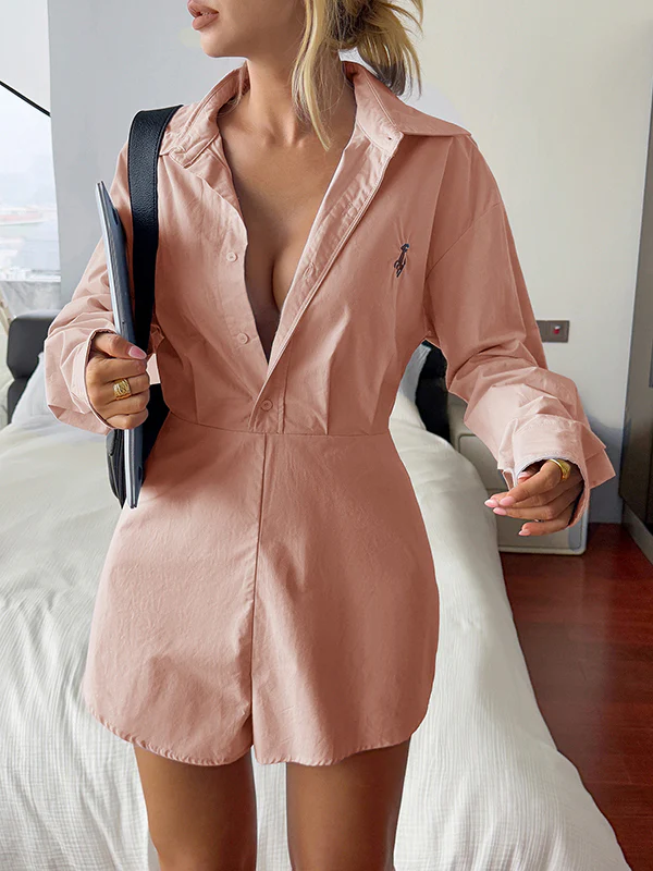 High Waisted Long Sleeves Buttoned Pleated Solid Color Split-Joint Lapel Rompers - Image 4