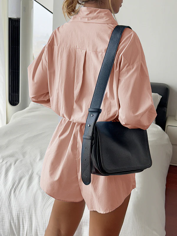 High Waisted Long Sleeves Buttoned Pleated Solid Color Split-Joint Lapel Rompers - Image 5