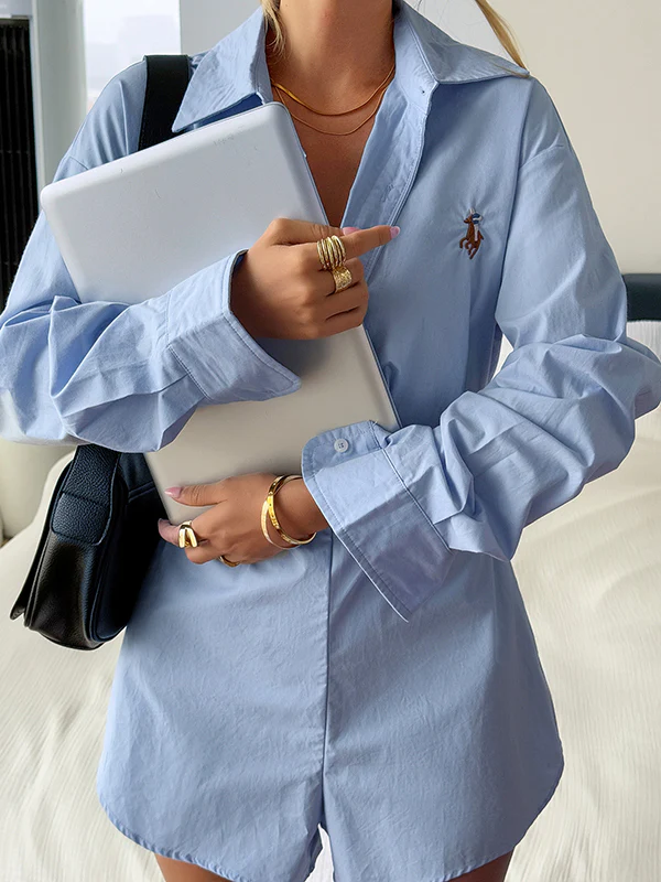High Waisted Long Sleeves Buttoned Pleated Solid Color Split-Joint Lapel Rompers - Image 7