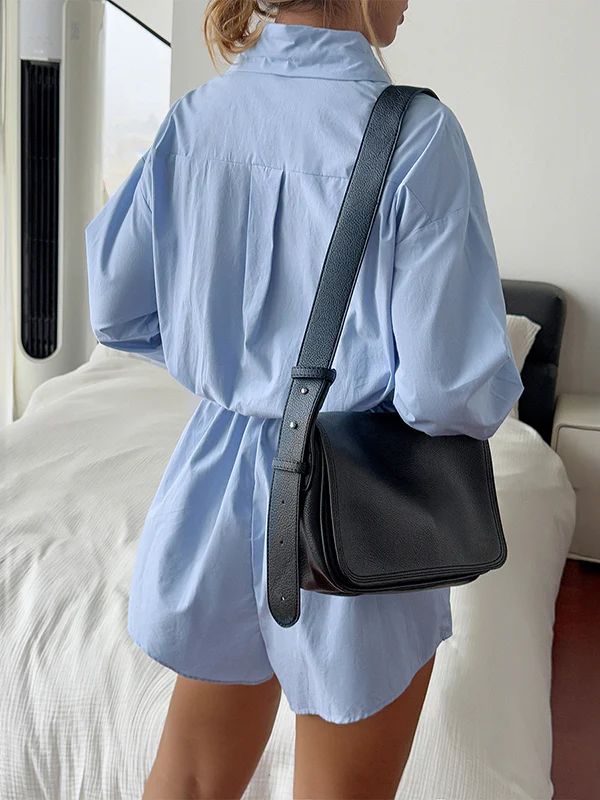 High Waisted Long Sleeves Buttoned Pleated Solid Color Split-Joint Lapel Rompers - Image 8