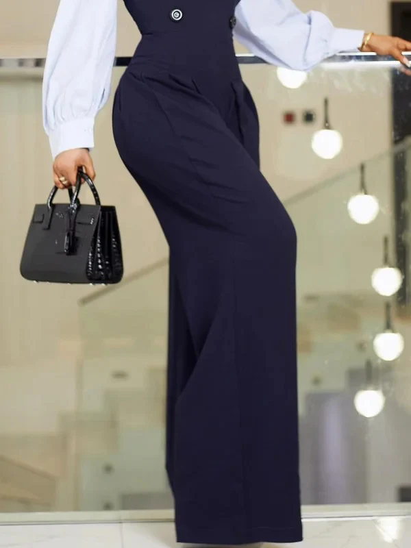 High Waisted Long Sleeves Buttoned Pleated Split-Joint Lapel Jumpsuits - Image 3