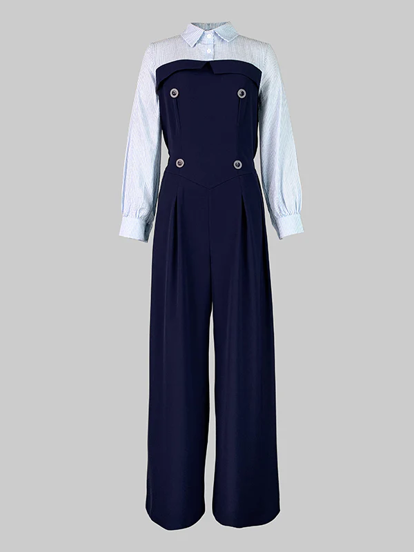 High Waisted Long Sleeves Buttoned Pleated Split-Joint Lapel Jumpsuits - Image 4