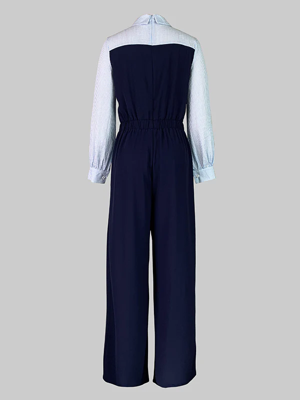 High Waisted Long Sleeves Buttoned Pleated Split-Joint Lapel Jumpsuits - Image 5