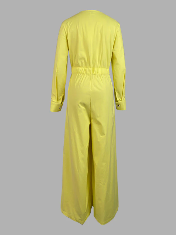 High Waisted Long Sleeves Buttoned Pockets Solid Color V-Neck Jumpsuits - Image 10