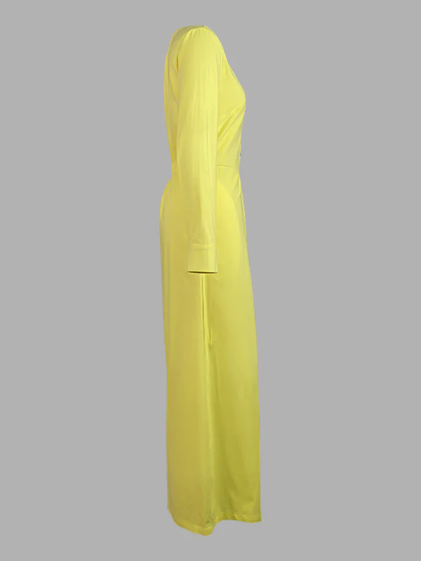High Waisted Long Sleeves Buttoned Pockets Solid Color V-Neck Jumpsuits - Image 11