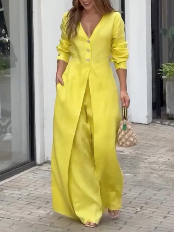 High Waisted Long Sleeves Buttoned Pockets Solid Color V-Neck Jumpsuits - Image 2
