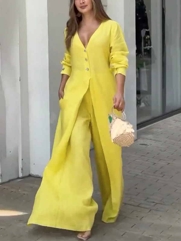 High Waisted Long Sleeves Buttoned Pockets Solid Color V-Neck Jumpsuits - Image 3