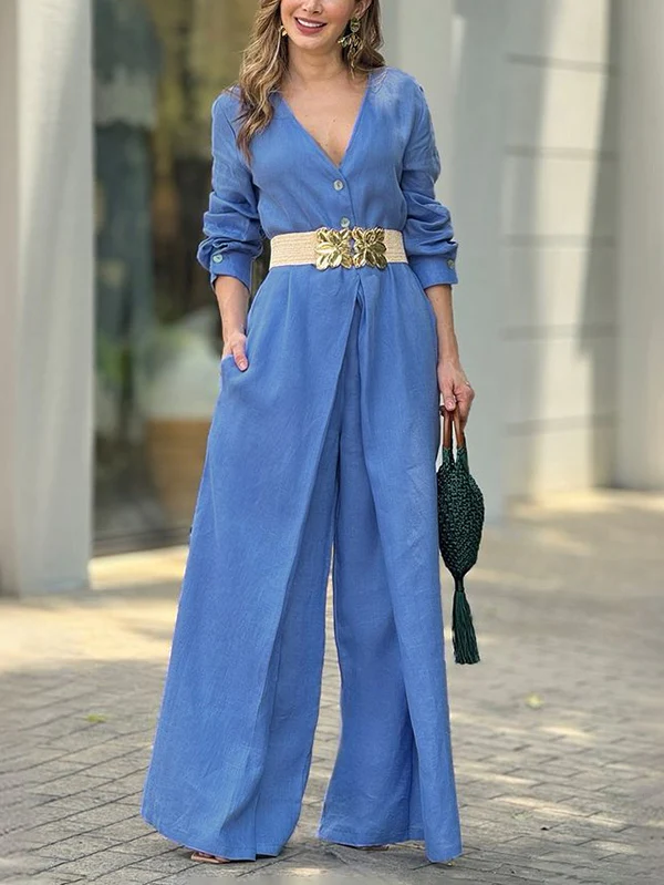 High Waisted Long Sleeves Buttoned Pockets Solid Color V-Neck Jumpsuits - Image 6