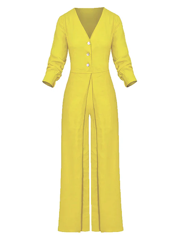 High Waisted Long Sleeves Buttoned Pockets Solid Color V-Neck Jumpsuits - Image 7