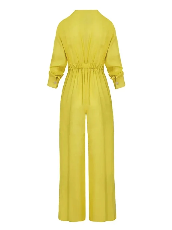 High Waisted Long Sleeves Buttoned Pockets Solid Color V-Neck Jumpsuits - Image 8