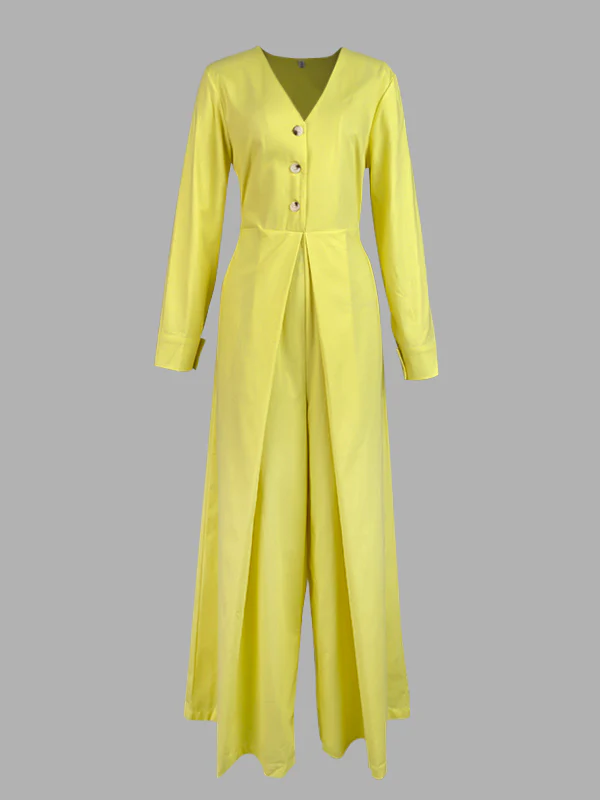 High Waisted Long Sleeves Buttoned Pockets Solid Color V-Neck Jumpsuits - Image 9