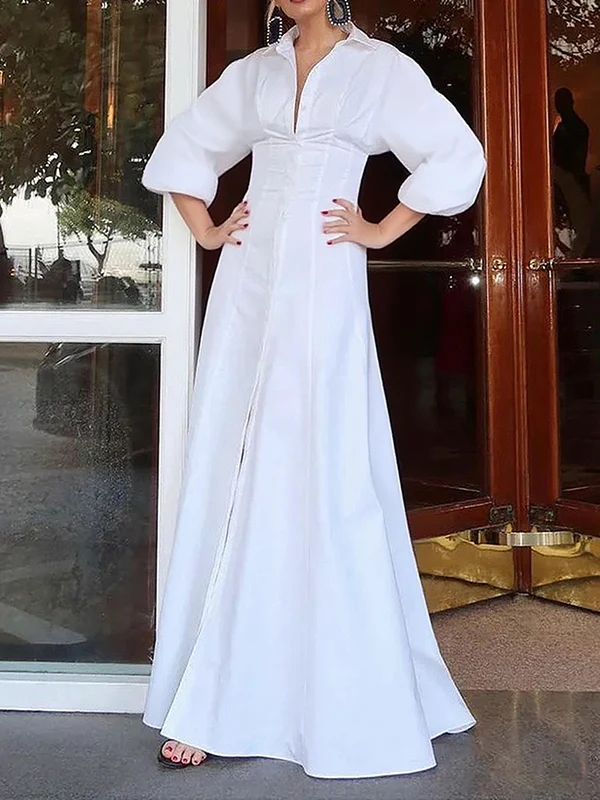 High Waisted Long Sleeves Buttoned Solid Color Lapel Maxi Dresses - Image 3