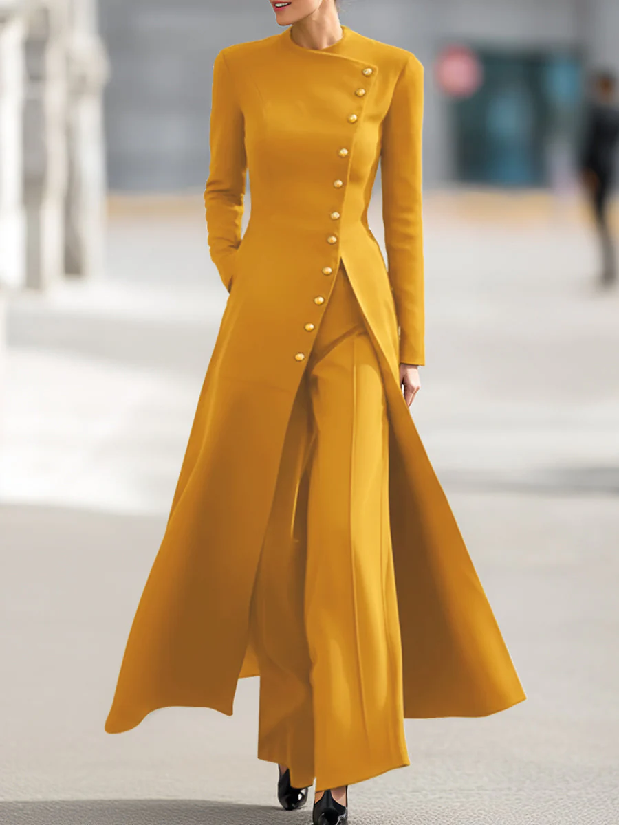 High Waisted Long Sleeves Buttoned Solid Color Split-Front Round-Neck Midi Dresses - Image 10