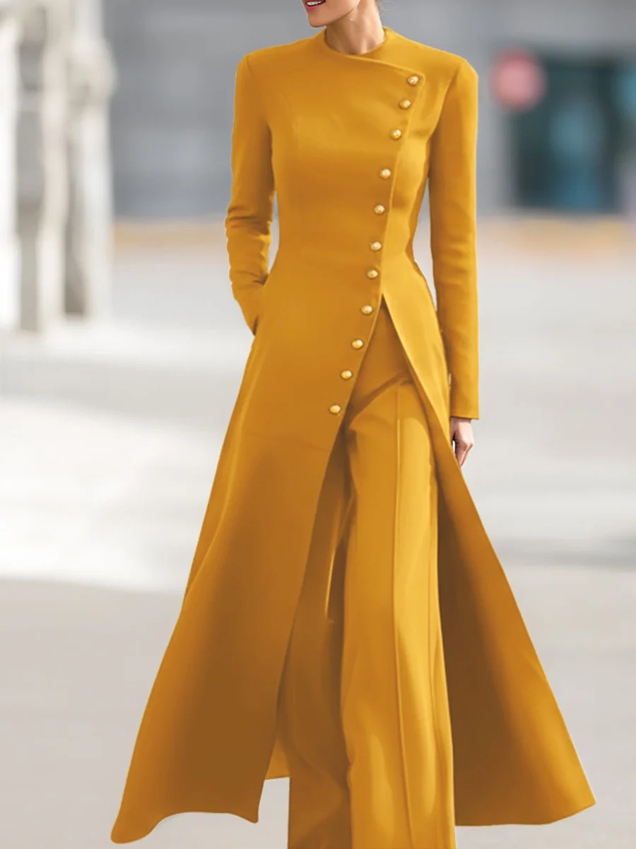 High Waisted Long Sleeves Buttoned Solid Color Split-Front Round-Neck Midi Dresses - Image 11