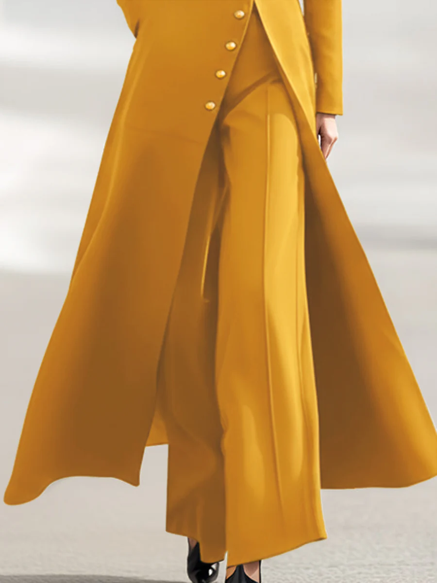 High Waisted Long Sleeves Buttoned Solid Color Split-Front Round-Neck Midi Dresses - Image 12