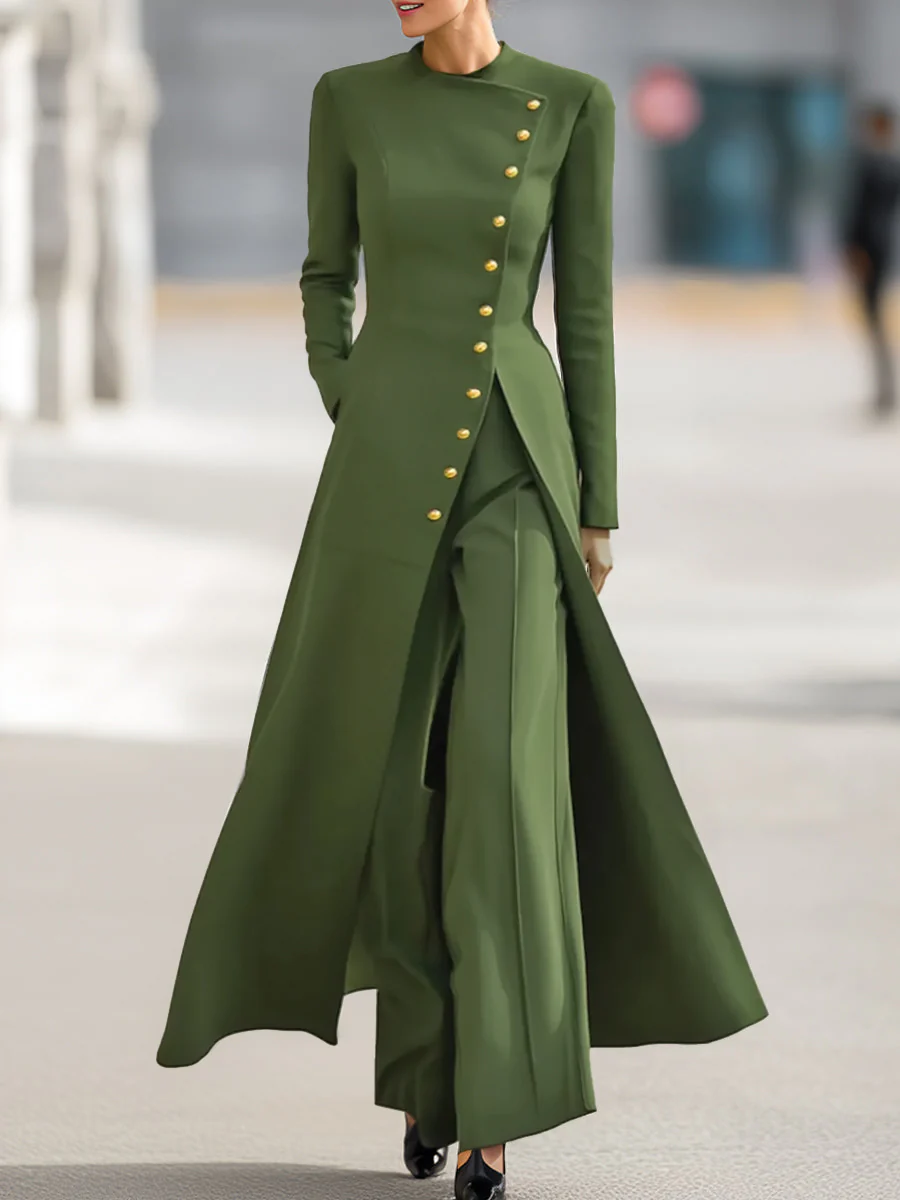 High Waisted Long Sleeves Buttoned Solid Color Split-Front Round-Neck Midi Dresses - Image 13