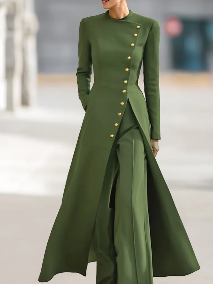 High Waisted Long Sleeves Buttoned Solid Color Split-Front Round-Neck Midi Dresses - Image 14