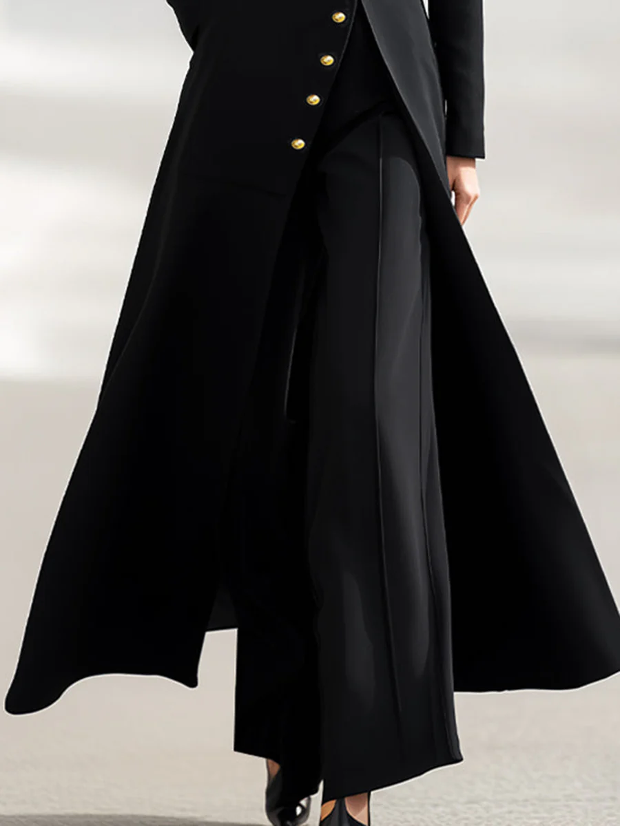 High Waisted Long Sleeves Buttoned Solid Color Split-Front Round-Neck Midi Dresses - Image 3