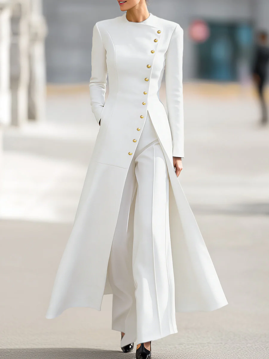 High Waisted Long Sleeves Buttoned Solid Color Split-Front Round-Neck Midi Dresses - Image 4