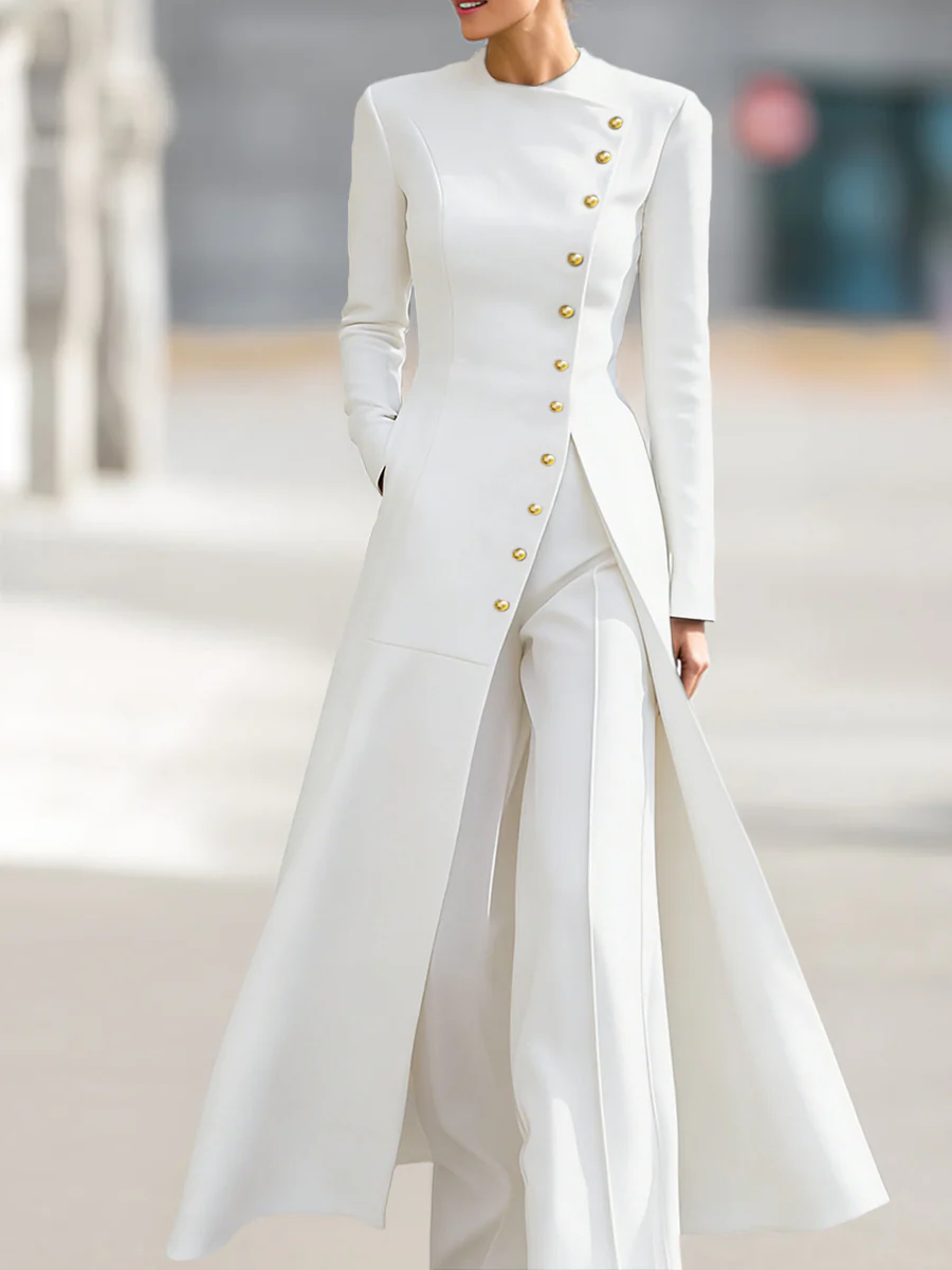 High Waisted Long Sleeves Buttoned Solid Color Split-Front Round-Neck Midi Dresses - Image 5