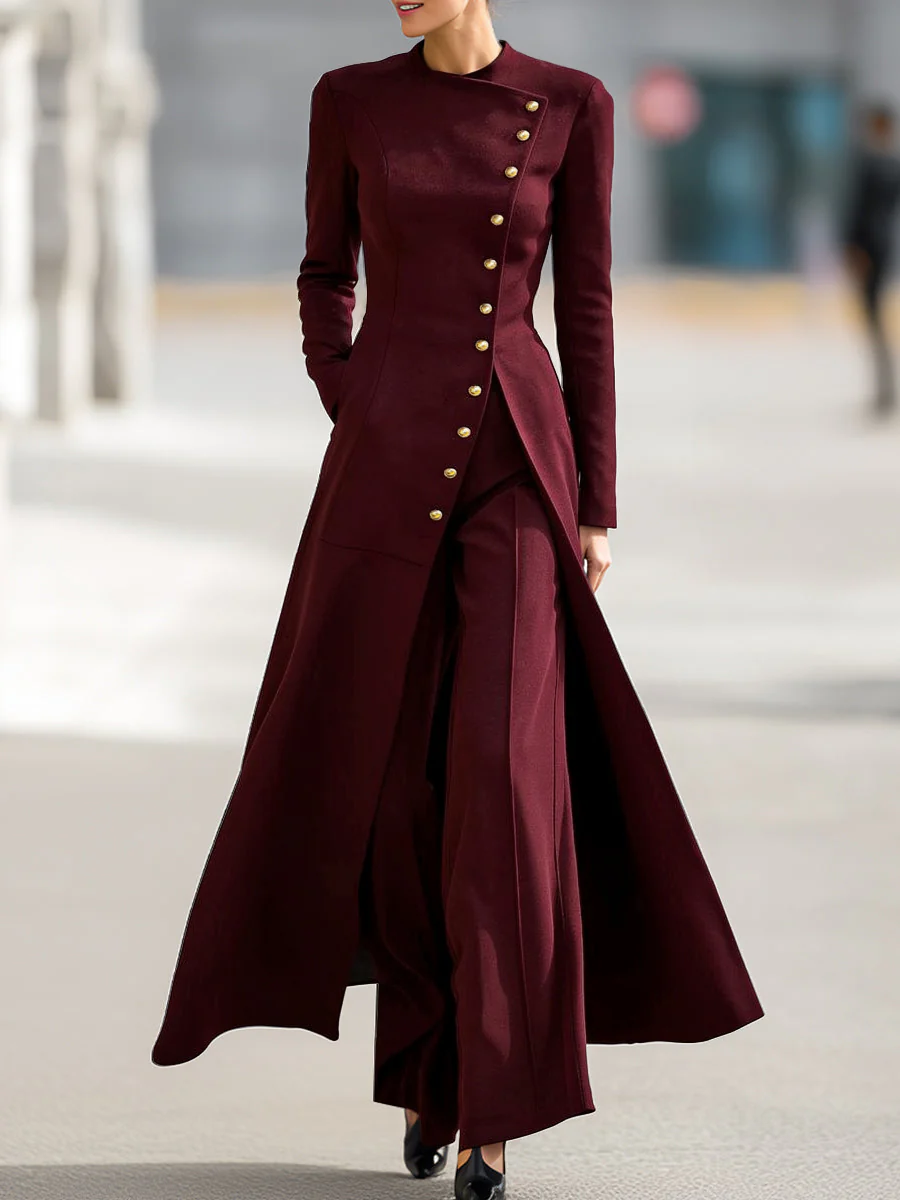 High Waisted Long Sleeves Buttoned Solid Color Split-Front Round-Neck Midi Dresses - Image 7