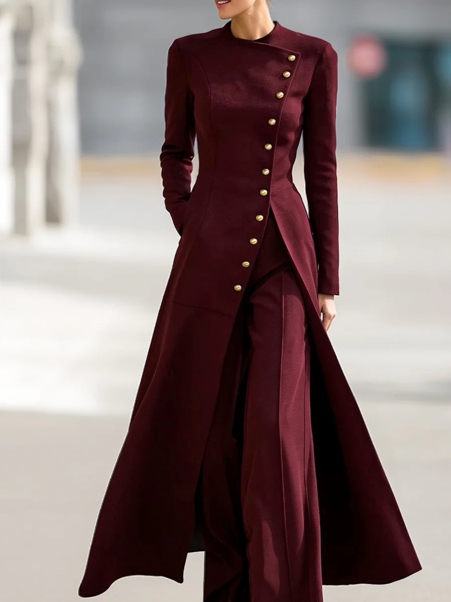 High Waisted Long Sleeves Buttoned Solid Color Split-Front Round-Neck Midi Dresses - Image 8