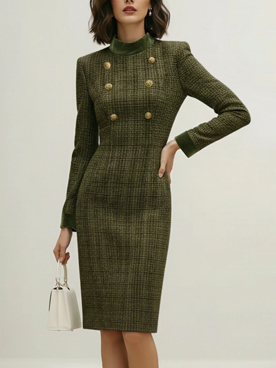 High Waisted Long Sleeves Buttoned Solid Color Split-Joint Zipper Mock Neck Midi Dresses - Image 2
