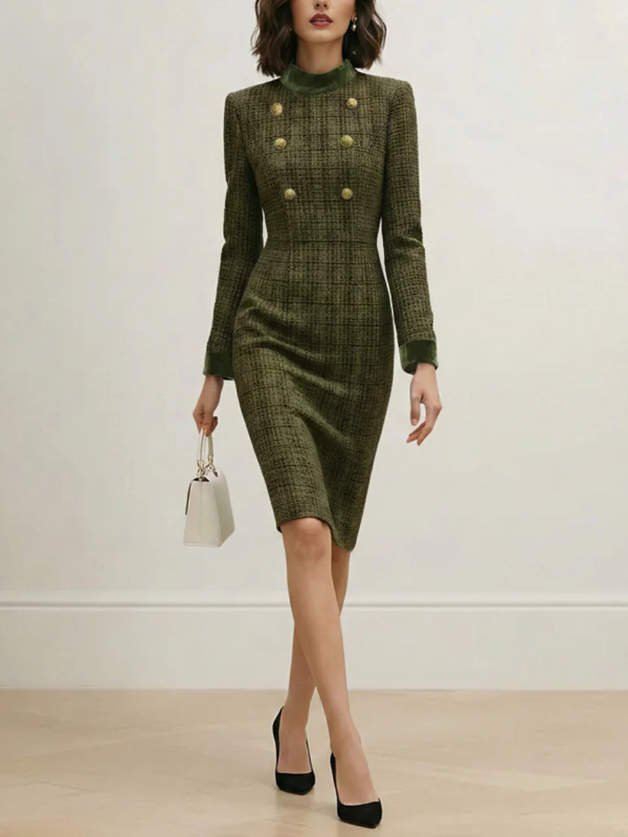 High Waisted Long Sleeves Buttoned Solid Color Split-Joint Zipper Mock Neck Midi Dresses - Image 3