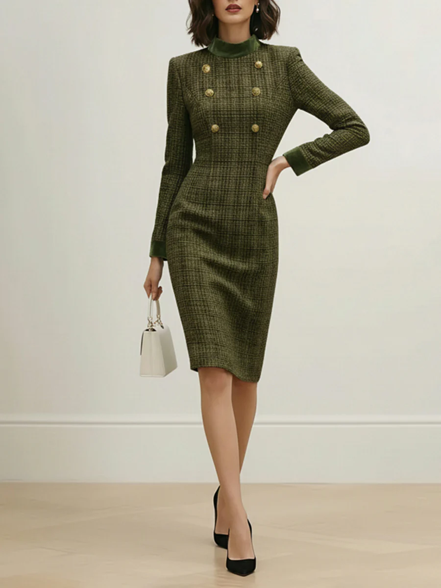 High Waisted Long Sleeves Buttoned Solid Color Split-Joint Zipper Mock Neck Midi Dresses - Image 4
