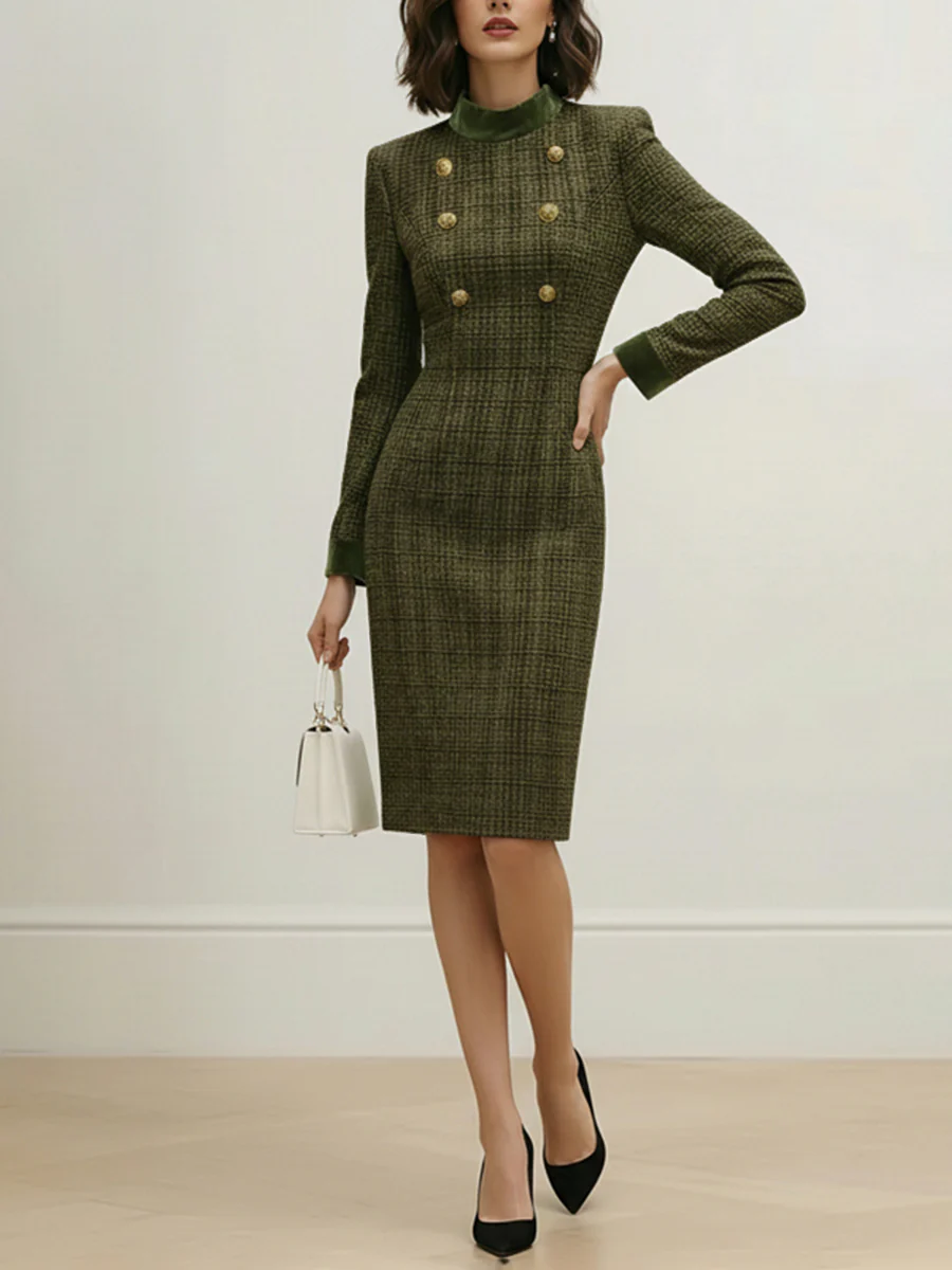 High Waisted Long Sleeves Buttoned Solid Color Split-Joint Zipper Mock Neck Midi Dresses - Image 5