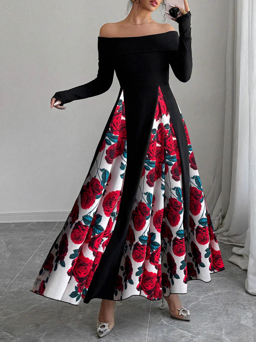 High Waisted Long Sleeves Contrast Color Flower Print Split-Joint Off-the-shoulder Maxi Dresses