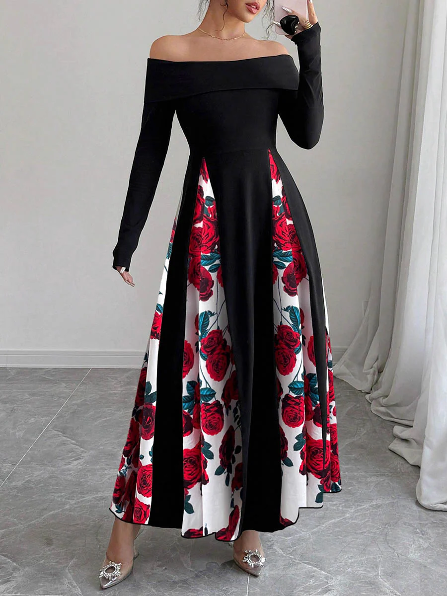 High Waisted Long Sleeves Contrast Color Flower Print Split-Joint Off-the-shoulder Maxi Dresses - Image 2