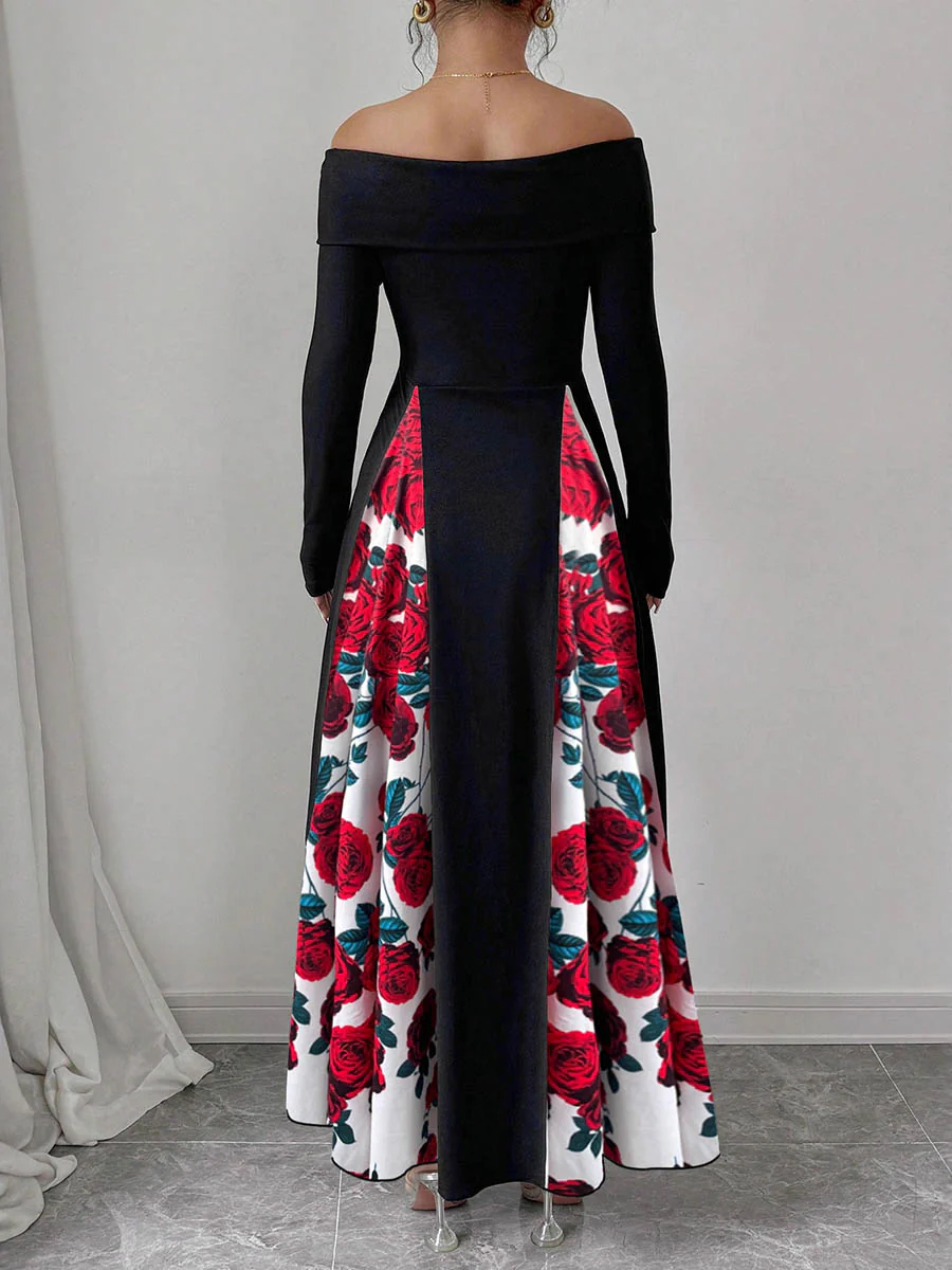 High Waisted Long Sleeves Contrast Color Flower Print Split-Joint Off-the-shoulder Maxi Dresses - Image 3