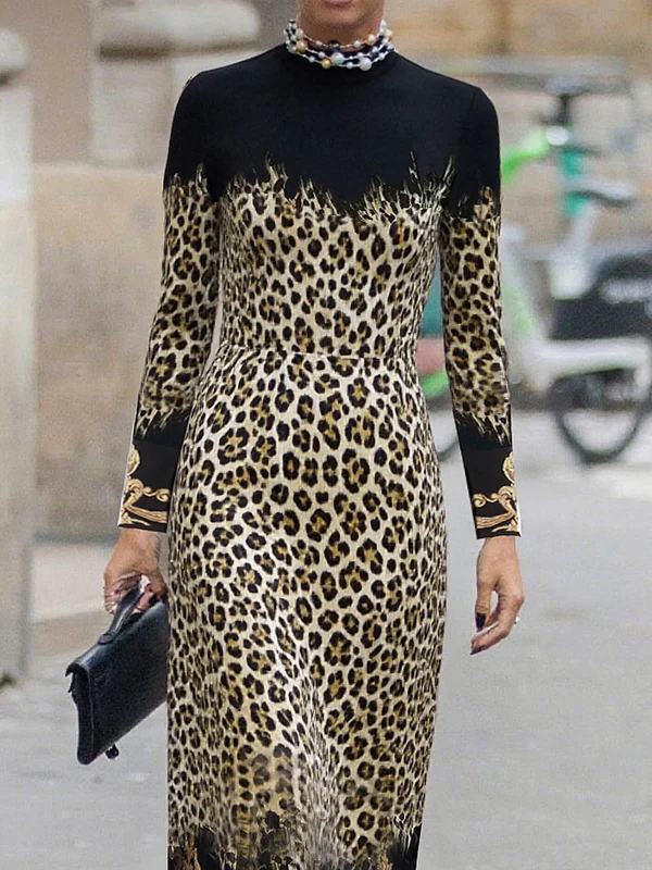 High Waisted Long Sleeves Contrast Color Leopard Printed Split-Joint Round-Neck Maxi Dresses - Image 2