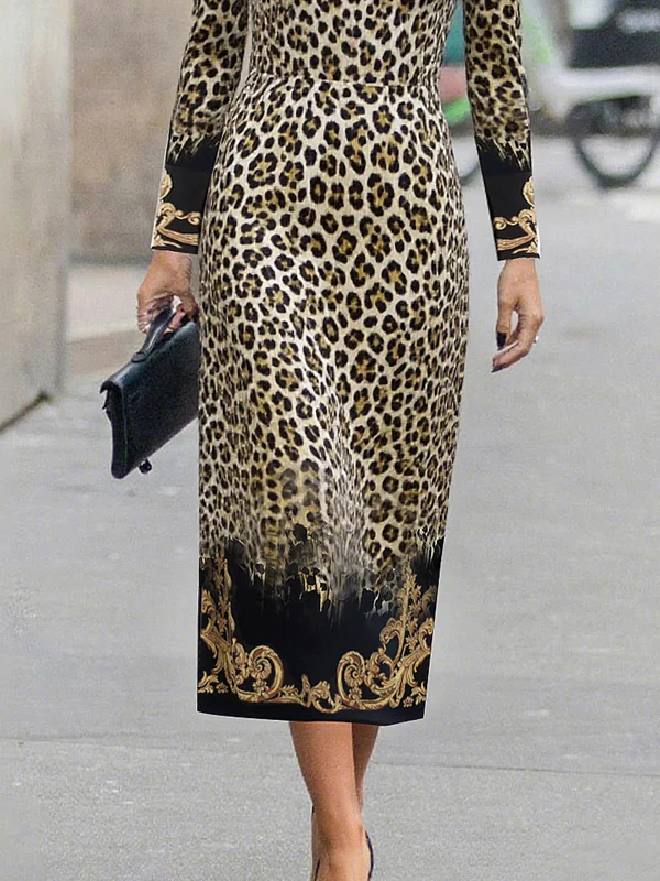 High Waisted Long Sleeves Contrast Color Leopard Printed Split-Joint Round-Neck Maxi Dresses - Image 3