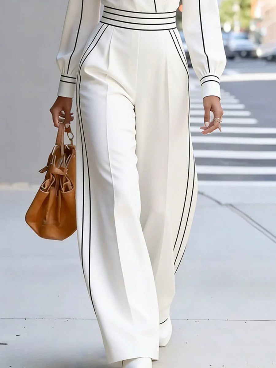 High Waisted Long Sleeves Contrast Color Pleated Pockets Notched Collar Jumpsuits - Image 3