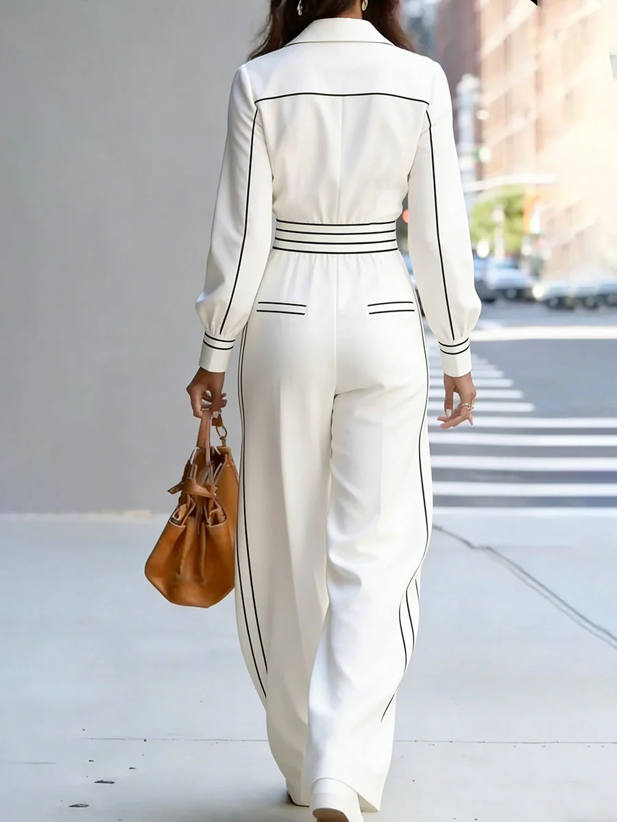 High Waisted Long Sleeves Contrast Color Pleated Pockets Notched Collar Jumpsuits - Image 4
