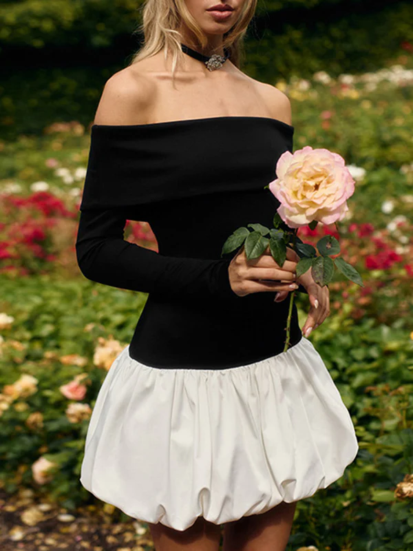 High Waisted Long Sleeves Contrast Color Pleated Split-Joint Off-The-Shoulder Mini Dresses - Image 11