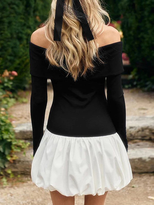 High Waisted Long Sleeves Contrast Color Pleated Split-Joint Off-The-Shoulder Mini Dresses - Image 12