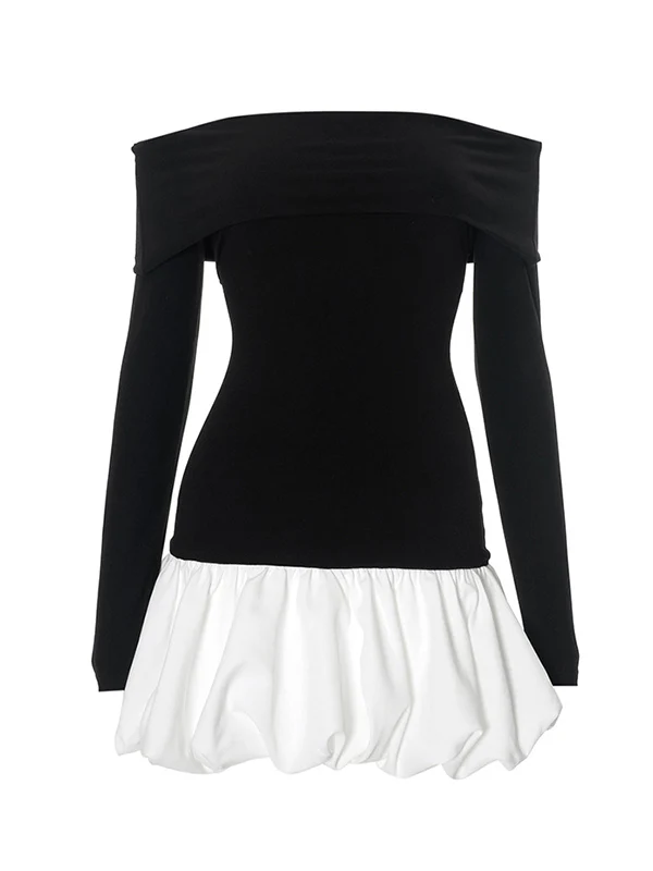 High Waisted Long Sleeves Contrast Color Pleated Split-Joint Off-The-Shoulder Mini Dresses - Image 13