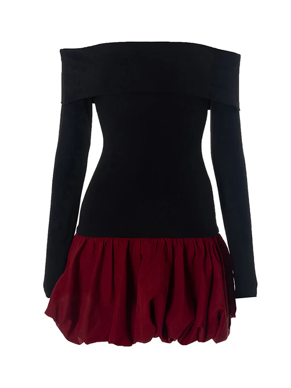 High Waisted Long Sleeves Contrast Color Pleated Split-Joint Off-The-Shoulder Mini Dresses - Image 14
