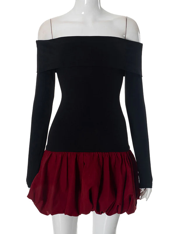 High Waisted Long Sleeves Contrast Color Pleated Split-Joint Off-The-Shoulder Mini Dresses - Image 15